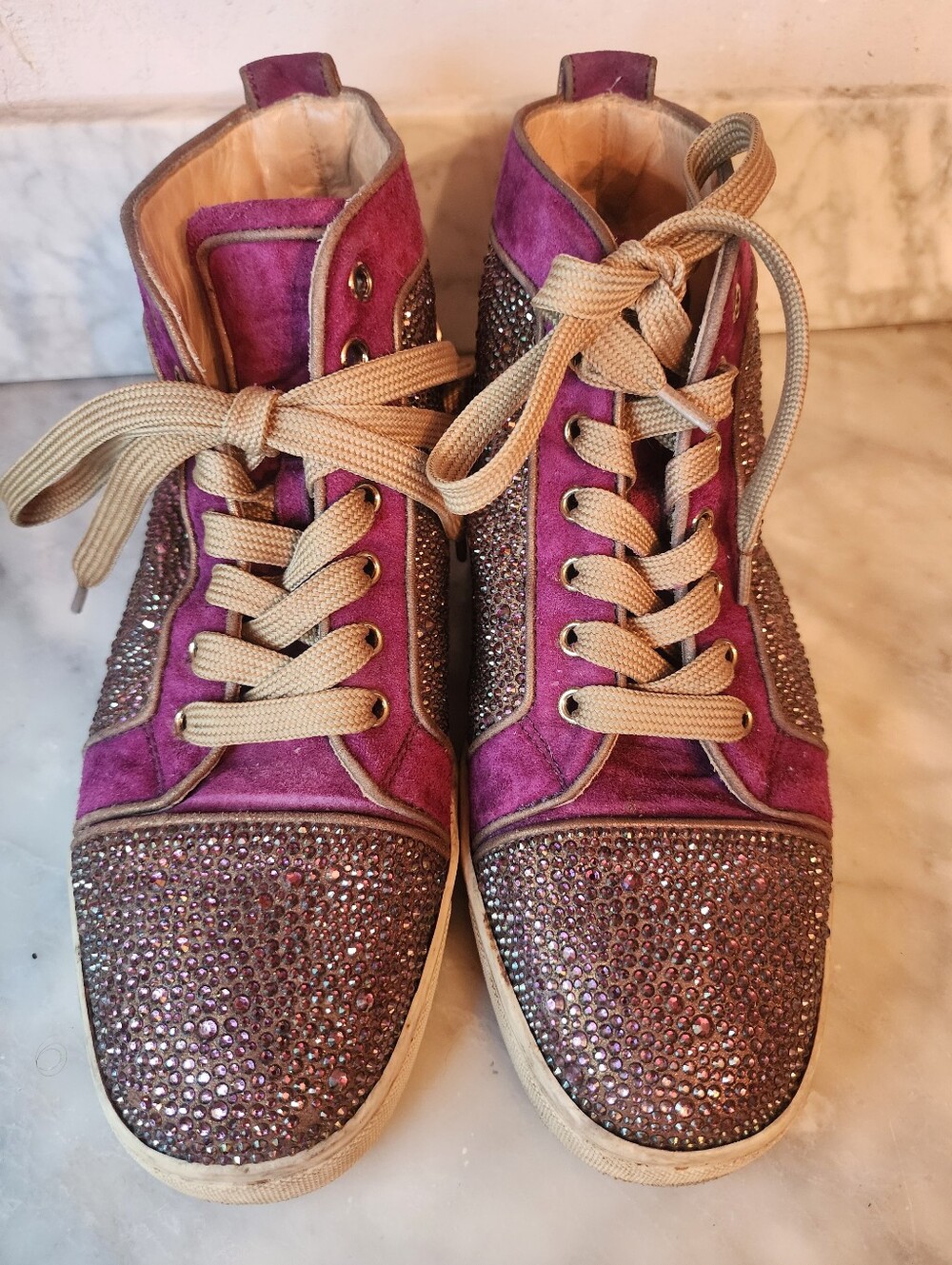 Christian Louboutin Purple Suede Crystal-Embellished High-Top Sneakers Size 39